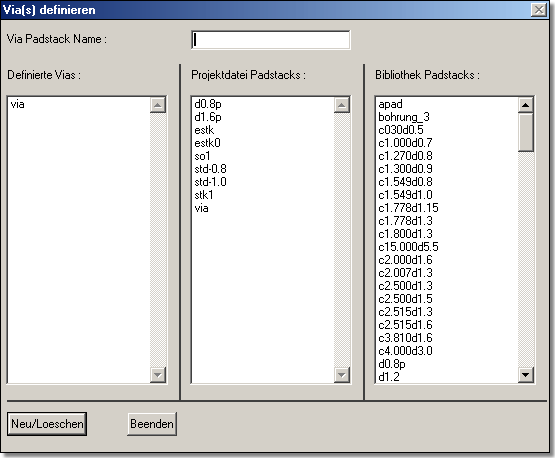 BAE Version 5.4: Layout Editor Dialog - Via(s) definieren
