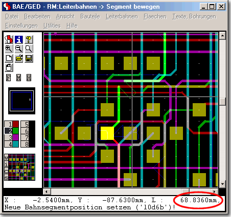 BAE Version 6.2: Layouteditor - Bahnen / Segment bewegen - Bahnl&aumlngenanzeige